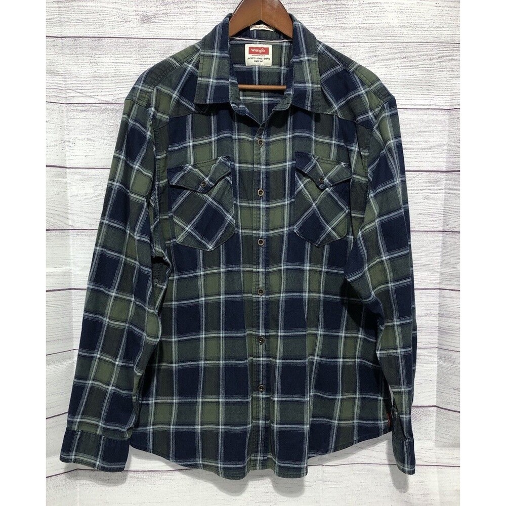 WRANGLER BUTTON FRONT WESTERN SHIRT Mens 2XL Flex For Comfort Blue/Grn Plaid EUC